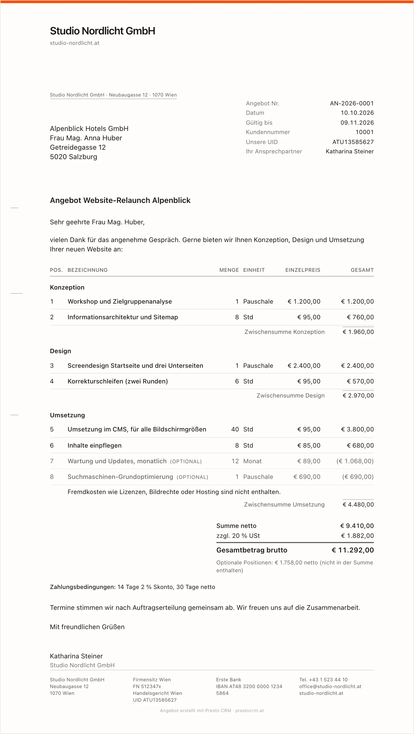 Ein fertiges Angebot mit Briefanrede, Abschnitten, optionalen Positionen und Umsatzsteuer